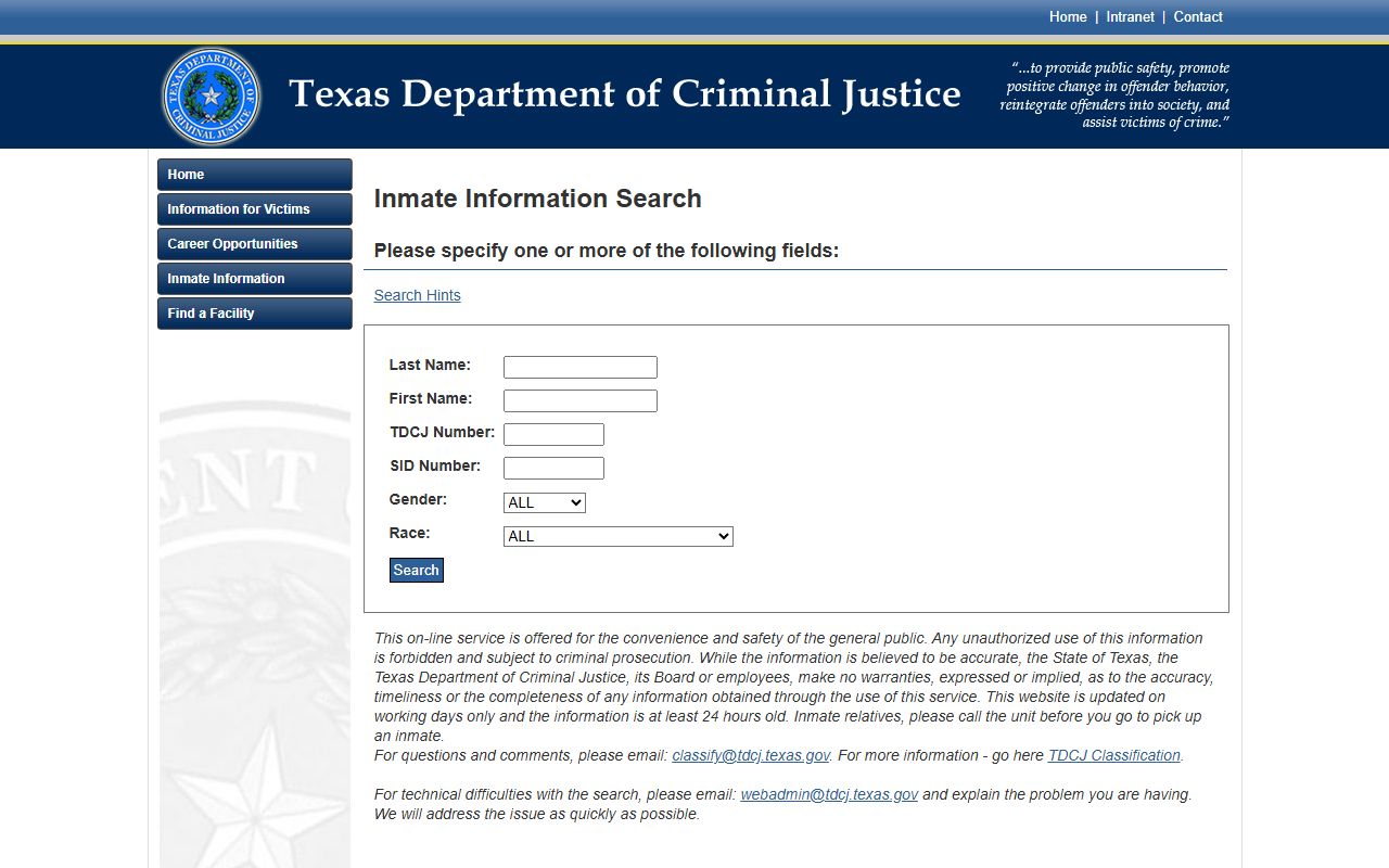 TDCJ inmate search fields for Duval County state prison records